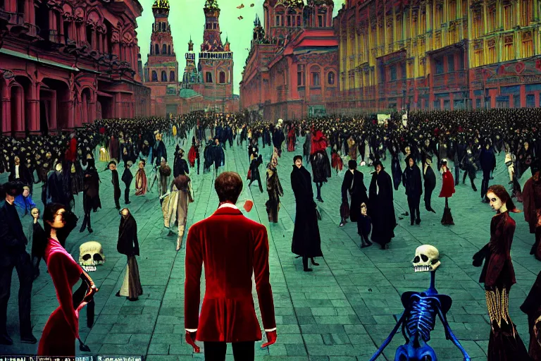 Image similar to realistic detailed photorealistic film portrait shot of a single skeleton wearing crimson velvet blazer in a crowded futuristic moscow street by Denis Villeneuve, Amano, Yves Tanguy, Alphonse Mucha, Ernst Haeckel, Andrei Tarkovsky, Edward Robert Hughes, Roger Dean, rich moody colours, wide angle, blue eyes