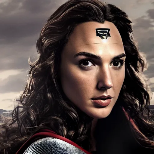 Image similar to an potrait of gal gadot play Man of Steel replacing Henry Cavill, photorealistic, high detail, photo studio, testing custom, 4k