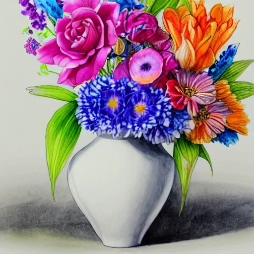 Image similar to a porcelain vase with a colorful and beautiful flower arrangement. watercolor and pencil drawing style. beautiful lighting, 4 k post - processing, trending in art station, cg society, highly detailed, 5 k extremely detailed, 3 d. cinematic scene.