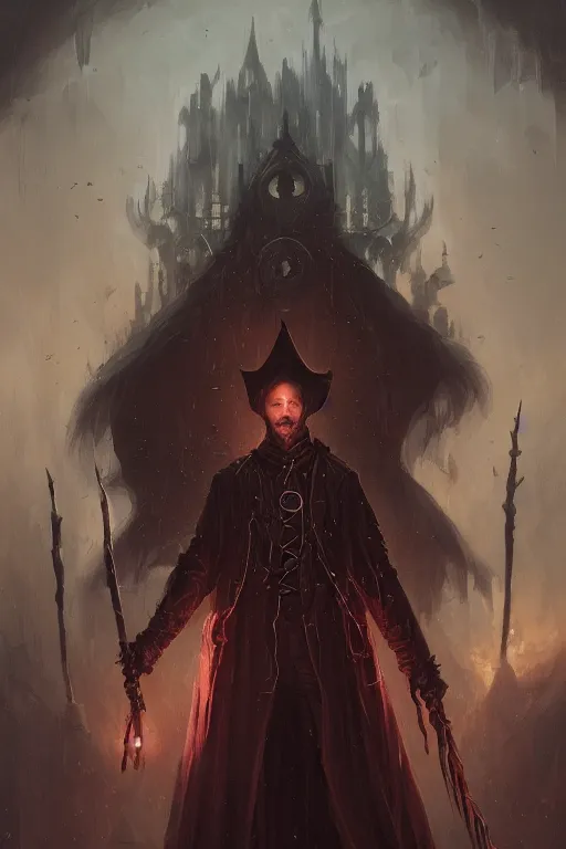 Image similar to A fancy portrait of a occultist by Greg Rutkowski, Dan Mumford, Christophe Vacher, Sung Choi, Mitchell Mohrhauser, Johnson Ting, Bloodborne, 8k photorealistic, volumetric lighting, HD, high details, dramatic, dark atmosphere, trending on artstation