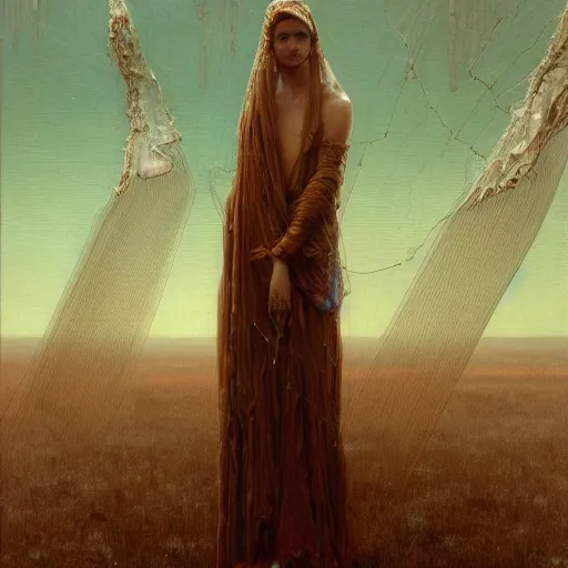 Prompt: portrait of a woman, covered in transparent cloth, plastic, thunder clouds, flat background, Masterpiece, glowing, wires everywhere, by Edgar Maxence and Ross Tran, Zdzisław Beksiński, and Michael Whelan, distant, gustav dore, H.R. Giger, 8k, octane render