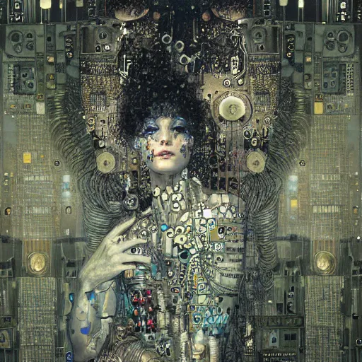 Image similar to depraved cybernetic deities trapped in circuitry, intricate detail, klimt, royo, whealan,