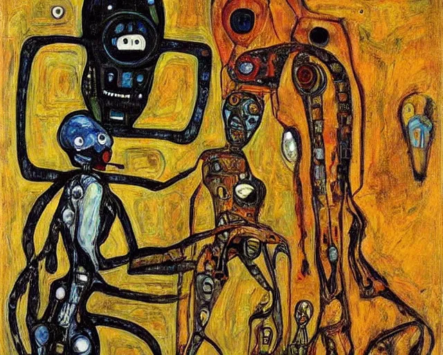 Prompt: a painting of a aliens and robots by graham sutherland, egon schiele, gustav klimt!, expressionism