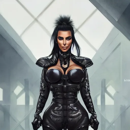 Image similar to kim kardashian portrait, dystopia core, apocalyptic, armor, warrior, dramatic, sharp focus, fiction, neon, fantasy, hyper detailed, digital art, trending in artstation, cinematic lighting, studio quality, smooth render, unreal engine 5 rendered, octane rendered, art style and nixeu and wlop and krenz cushart