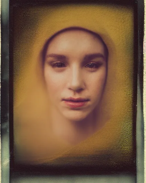 Prompt: a woman's face in the water, serene emotion, old polaroid, vibrant patterns, hazy, yellow, soft lighting