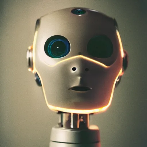 Image similar to close up portrait of a humanoid robot with a light bulb head and light is coming out of it, polaroid, photo taken in a back storage room