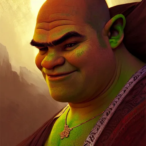 Image similar to handsome shrek in a moroccan jalaba, highly detailed, digital painting, artstation, concept art, sharp focus, illustration, art by greg rutkowski and alphonse mucha