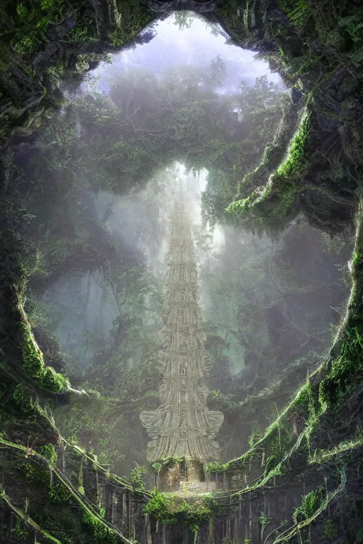 Prompt: ancient fractal temple megastructure in the hanging gardens of a radiant forest jungle, overgrown garden, scanned earth terrain fractal bridges, highly detailed erosion algorithm landscape, by albert bierdstat, by glenn small, high resolution, 8 k photorealism, populated by luminous beings, god rays in volumes of fog, looking up perspective