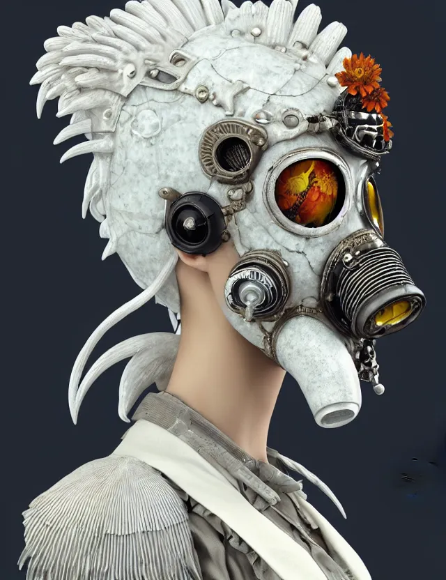 Image similar to 3 d goddess close - up profile punk portrait with vintage gas mask ram skull. beautiful intricately detailed japanese crow kitsune mask and clasical japanese kimono. betta fish, jellyfish phoenix, bio luminescent, plasma, ice, water, wind, creature, artwork by tooth wu and wlop and beeple and greg rutkowski