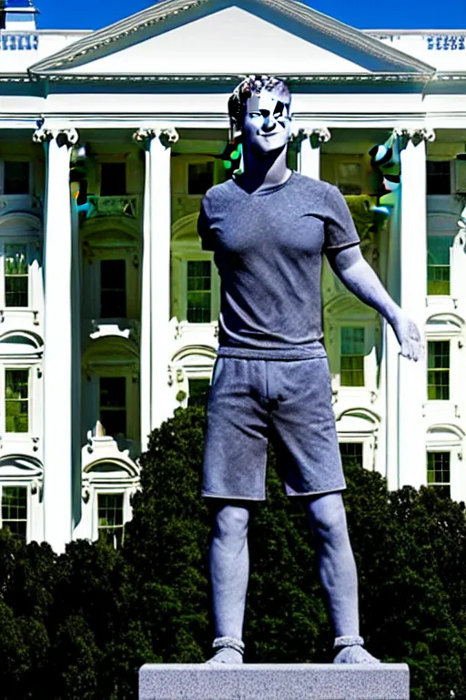 Prompt: A beautiful stone statue of Mark Zuckerberg in front of the White House, photo by Steve McCurry, heroic pose, detailed, smooth, smiling