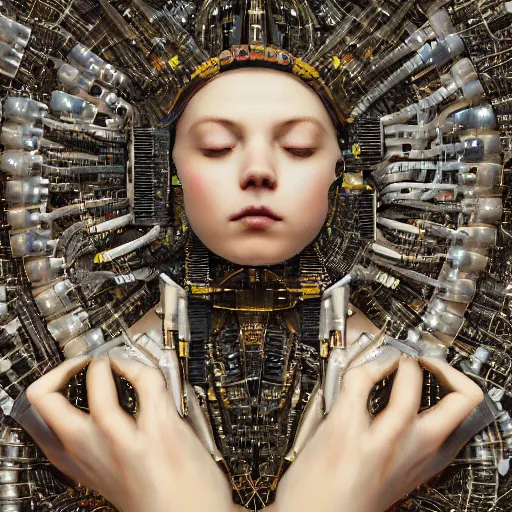 Prompt: tapping in to something greater, serene power, piles of modular synth cables, goddess laying down wearing a headpiece made of circuit boards, by cameron gray, wlop, stanley kubrick, masamune, hideki anno, unique perspective, trending on artstation, 3 d render, vivid