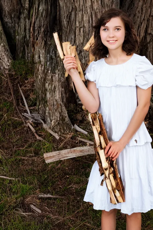 Image similar to a middle-school girl with unkempt wavy short brown hair wearing a white dress and holding a bundle of firewood, high resolution film still, 8k, HDR color, short hair, round face, dimples