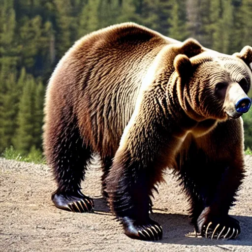 Image similar to grizzly bear holding a mounted minigun