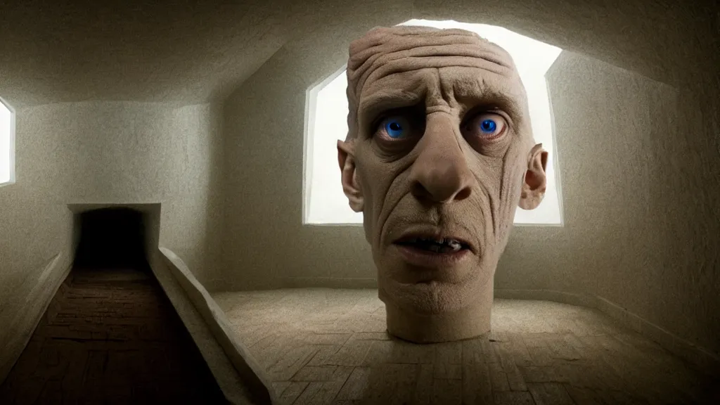 Image similar to the giant head inside the upside down house, film still from the movie directed by denis villeneuve and david cronenberg, with art direction by salvador dali, wide lens