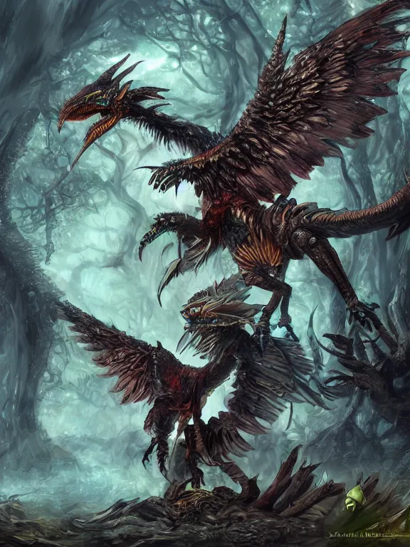 Image similar to final fantasy winged reptile, in the woods, highly detailed, digital art, sharp focus, trending on art station, warhammer fantasy,
