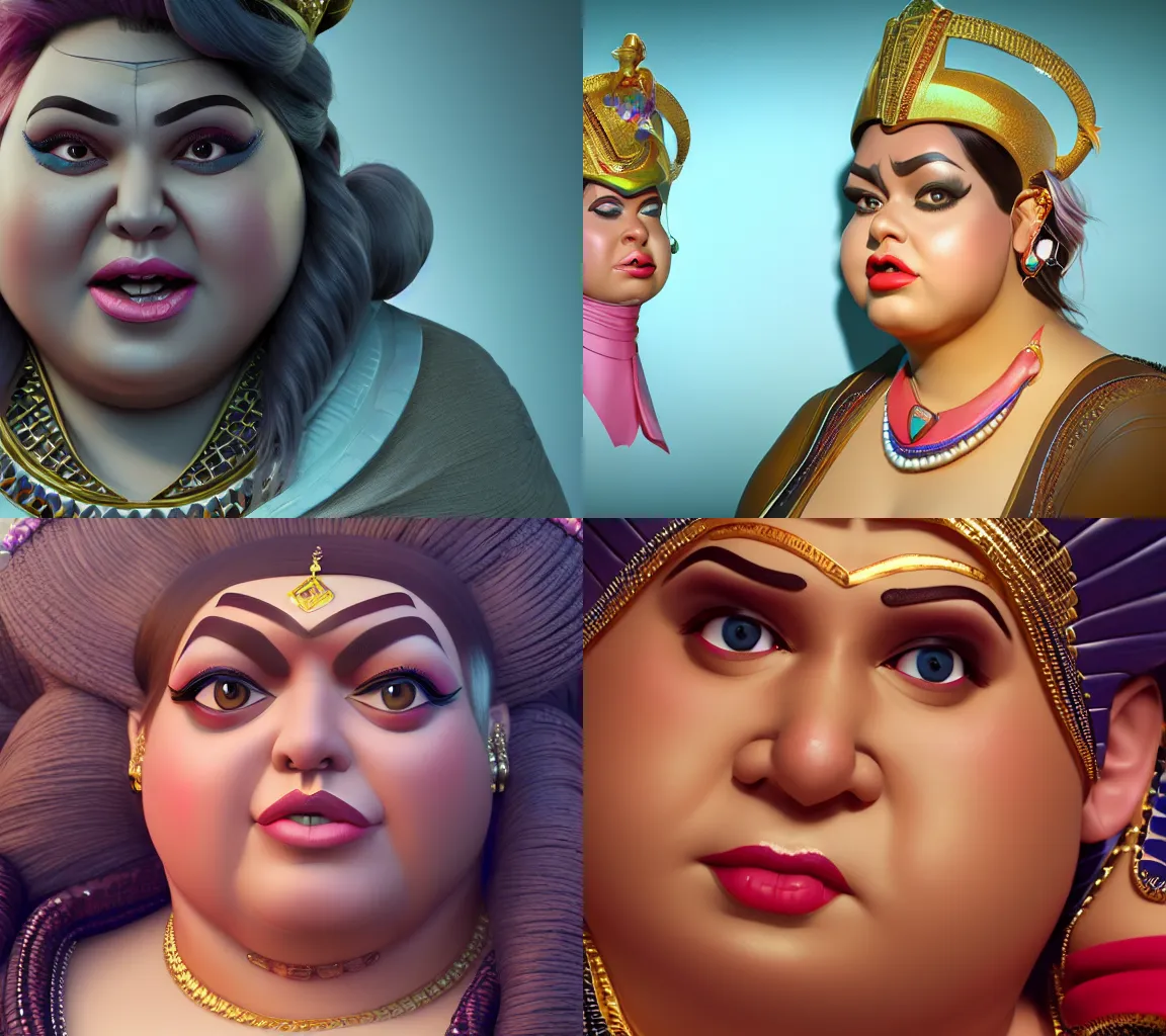 Prompt: detailed hyperdetailed Portrait of a chubby female Disney villain, egyptian, arrogant look, beautiful 3D render, 8k, octane render, stylized