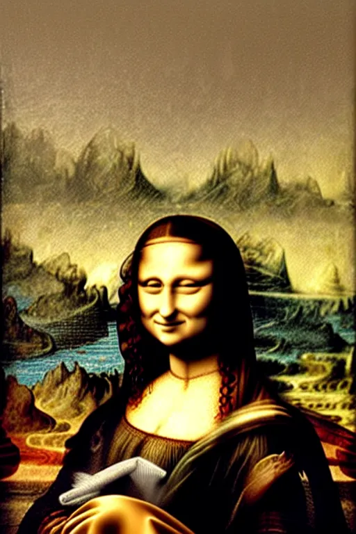Prompt: painting of Mona Lisa drinking a glass of wine by Leonardo da Vinci