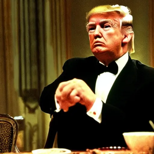 Image similar to donald trump as the godfather. godfather movie. mafia. dark. evil.