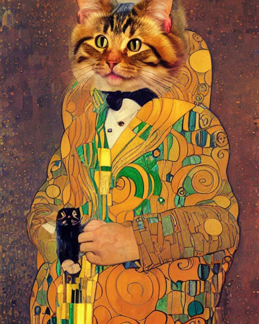 Image similar to gentleman cat portrait an oil painting splashes with many colors and shapes by gustav klimt greg rutkowski and alphonse mucha, polycount, generative art, psychedelic, fractalism, glitch art