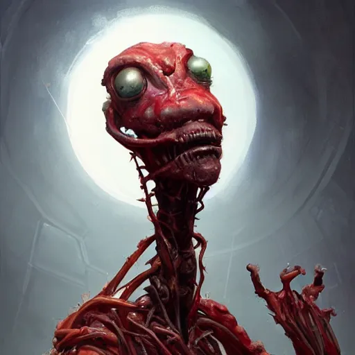 Prompt: scifi portrait by Greg Rutkowski, hideous monster made of twisted human flesh and reddish ooze, lumpy bloated upper body with elongated, thin limbs like a mantis, small head like a ball with two empty holes for eyes, only human beings are its legs, vicious appearance, scifi, space horror, digital painting, artstation, concept art, smooth, sharp foccus ilustration, Artstation HQ.