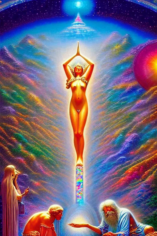 Prompt: a realistic detailed cinematic painting of a beautiful clear glass vibrant consciousness of human evolution, spiritual enlightenment, manifestation, peace, opal statues adorned in jewels, by david a. hardy, kinkade, lisa frank, wpa, public works mural, socialist