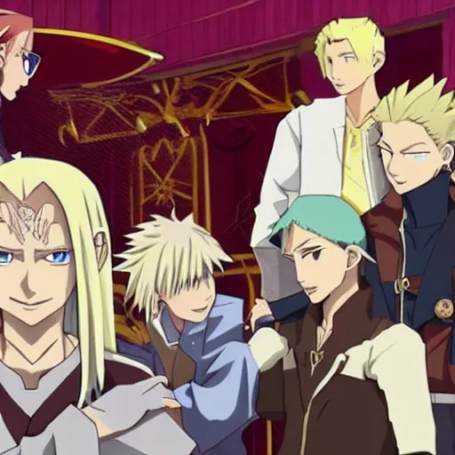 Image similar to young blonde boy fantasy thief in a tavern surrounded by friends, full metal alchemist, anime style