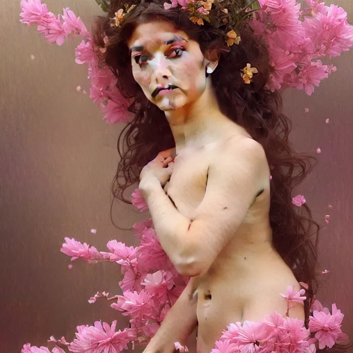 Image similar to a wonderful goddess made of pink petals as texture of the skin, intricate, elegant, highly detailed, wonderful eyes, sweet, digital painting, artstation, concept art, smooth, sharp focus, illustration, art by artgerm and greg rutkowski and alphonse mucha and william - adolphe bouguereau