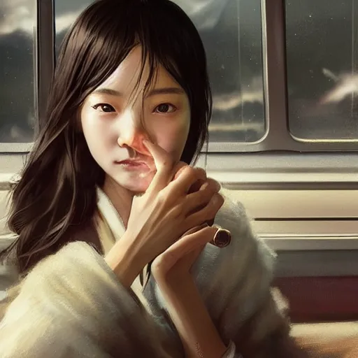 Image similar to luxury advertisement, a highly detailed epic cinematic concept art CG render digital painting artwork of a Chinese schoolgirl sitting in the train. By Greg Rutkowski, Ilya Kuvshinov, WLOP, Stanley Artgerm Lau, Ruan Jia and Fenghua Zhong, trending on ArtStation, made in Maya, Blender and Photoshop, octane render, excellent composition, cinematic atmosphere, dynamic dramatic cinematic lighting, aesthetic, very inspirational, arthouse