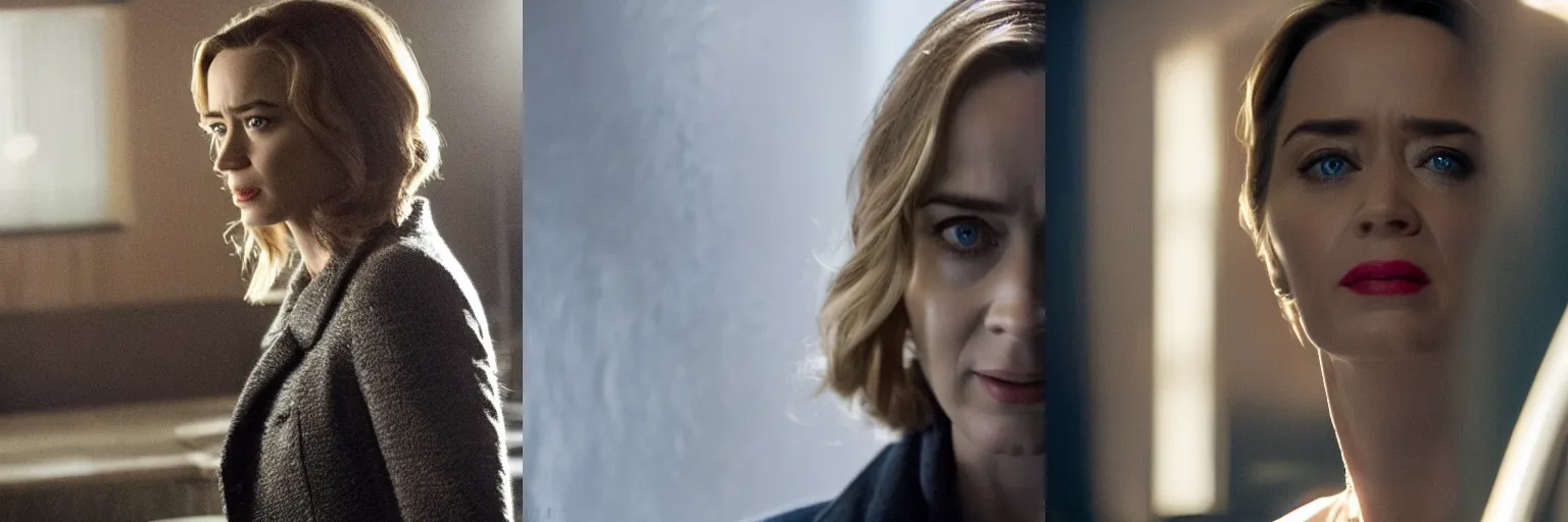 Prompt: close-up of Emily Blunt as a detective in a movie directed by Christopher Nolan, movie still frame, promotional image, imax 70 mm footage