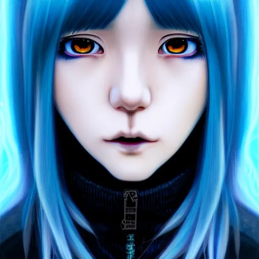 Image similar to full face shot of rimuru tempest, sky blue straight hair, long bangs, with amber eyes, wearing a black jacket, high collar, ultra detailed, concept art, award winning photography, digital painting, cinematic, wlop artstation, closeup, pixiv, evil, yoshitaka amano, andy warhol, ilya kuvshinov,