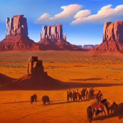 Prompt: the wild west, cowboys riding horses, monument valley, blue sky, american romanticism, masterpiece, oil painting, 4 k render