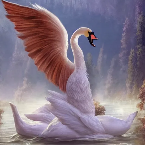 Image similar to a princess riding a giant swan in the lake, trending on artstation