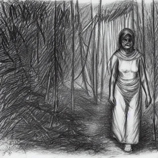 Prompt: bandaged mummy walks through camp, in jungle, pencil drawing, engraving, simple