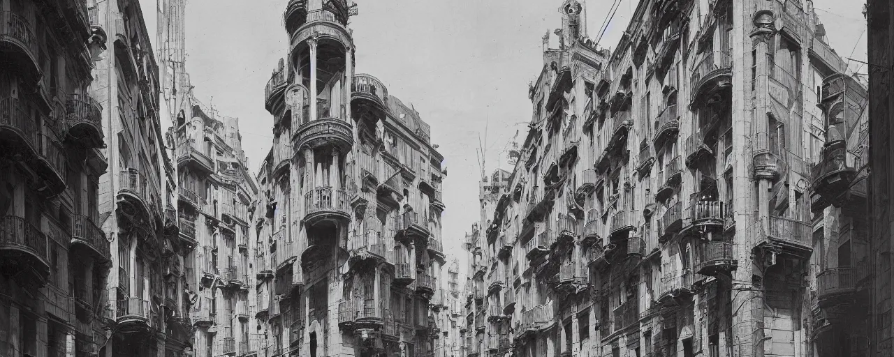 Image similar to barcelona in 1 9 1 8, street view, looking up, retrofuturism, steampunk, gothic quarter, modernist buildings, art deco, footbridges between houses, steam pipes, hyper detailed,