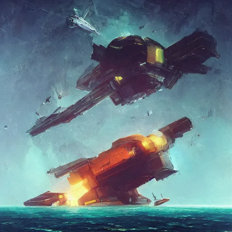 Prompt: behemoth spaceship covered in antenna that is crashing into the ocean, scifi concept art, by john harris, by simon stalenhag, stunning, award winning