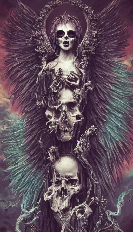 Image similar to painting of an ominous creepy dramatic bright angel of death with many skulls in dark clouds, full-body portrait, highly detailed, ornate and elegant, rococo, fantasy, traditional art, gothic, abstract art, surrealism, concept art, vaporwave, synthwave, ambient, retro, futurism, pixel sorting, glitch art, on artstation