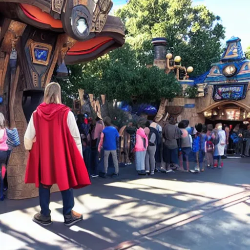 Prompt: Thor standing in line for a ride in DisneyLand