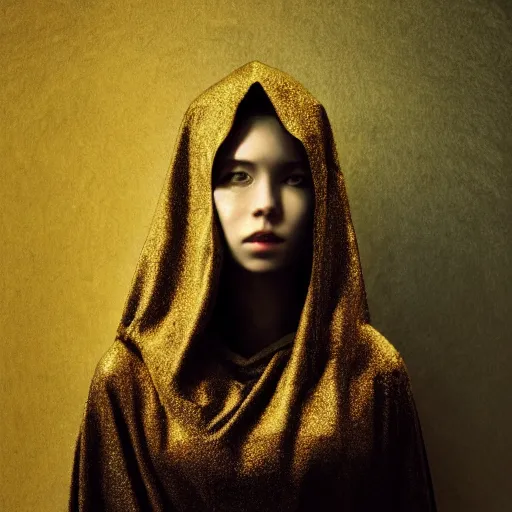 Image similar to a portrait of a young woman wearing a long dark cloak, hood and shadows covering face, holding golden chains, oil painting, matte painting, black background, Volumetric Golden dappled dynamic lighting, Highly Detailed, Cinematic Lighting, Unreal Engine, 8k, HD, by Beksinski