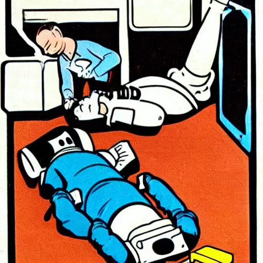 Image similar to astronaut performing CPR, on an injured astronaut, in orbit, 1950s cartoon style