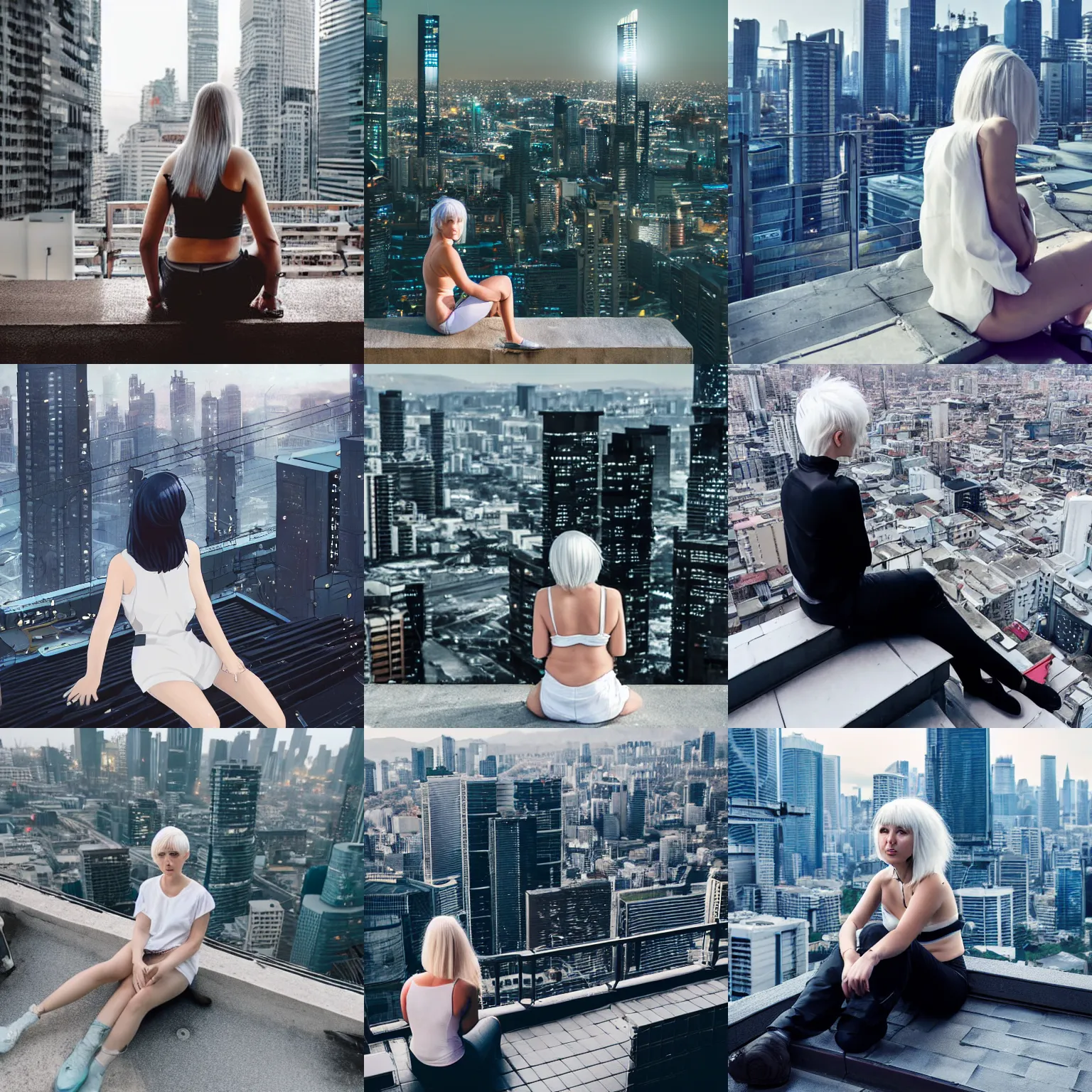 Prompt: white haired girl with short bangs sitting on a rooftop ledge overlooking cyberpunk cityscape.