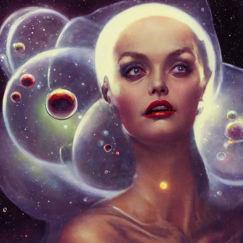 Prompt: portrait painting of a beautiful alien woman with big eyes in space, by norman rockwell. close - up view. floating glowing bubbles. muted colors, soft gradients. dark background. trending on artstation. retrofuturism.