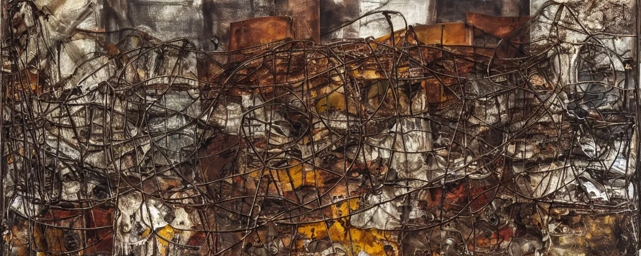 Prompt: an abstract painting of rusted metal, by Anselm Kiefer and Lucian Freud, rotting sunflowers, rusted metal, Scaffolding, iron cladding, decay, mixed media, textured, anatomically correct, beautiful perfect face, sharp focus, Highly Detailed