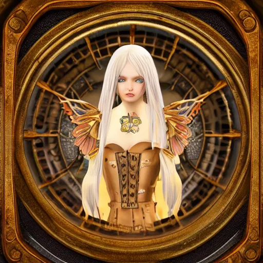 Prompt: a pretty blond steampunk seraphim in the middle of a machine city, perfect symmetrical face, cute face, 8 k, shallow depth of field, 8 k, ultra high detail, concept art, w 1 0 2 4