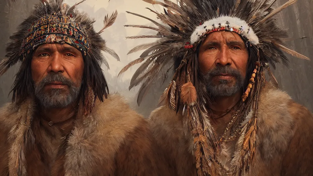 Image similar to highly detailed portrait of a grizzled indigenous man, feathered headdress, traditional clothing, unreal engine, fantasy art by greg rutkowski, ferdinand knab, makoto shinkai and lois van baarle, ilya kuvshinov, rossdraws, tom bagshaw, global illumination, radiant light, detailed and intricate environment