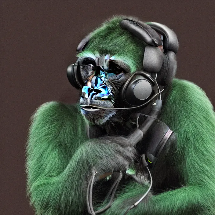 Image similar to a high quality photo of a green chimp wearing headphones, realism, 8k