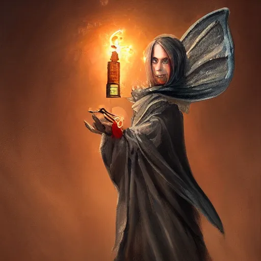 Prompt: a half - length portrait painting of post - apocalyptic moth character wearing a cloak and holding a lantern, dark, character art, epic dramatic fantasy digital art