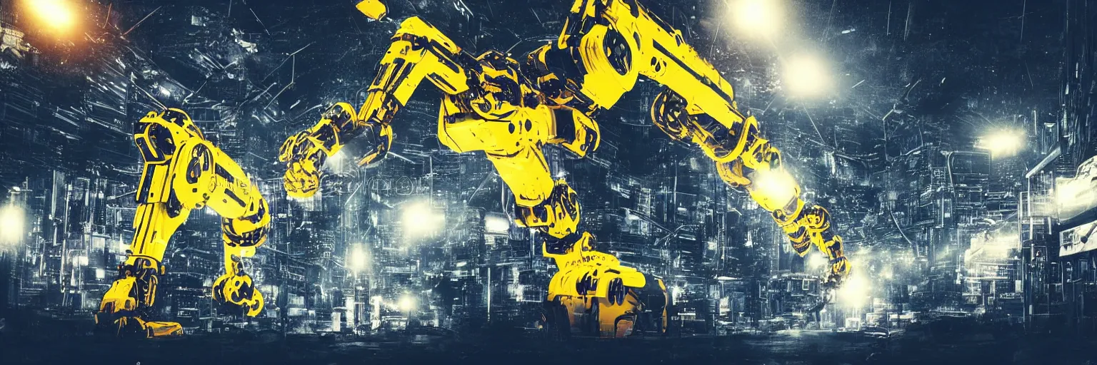 Prompt: apocalyptic scene of JCB yellow robot arms with claws reaching out to try and catch the fast moving reflective spaceships UFOs which are speeding by, tuned to a dead channel, In the style of Blade Runner, CyberPunk, laser, smoke, debris