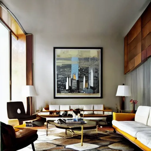 Image similar to mid century modern american life style living room interior by kelly wearstler, photorealism, detailed