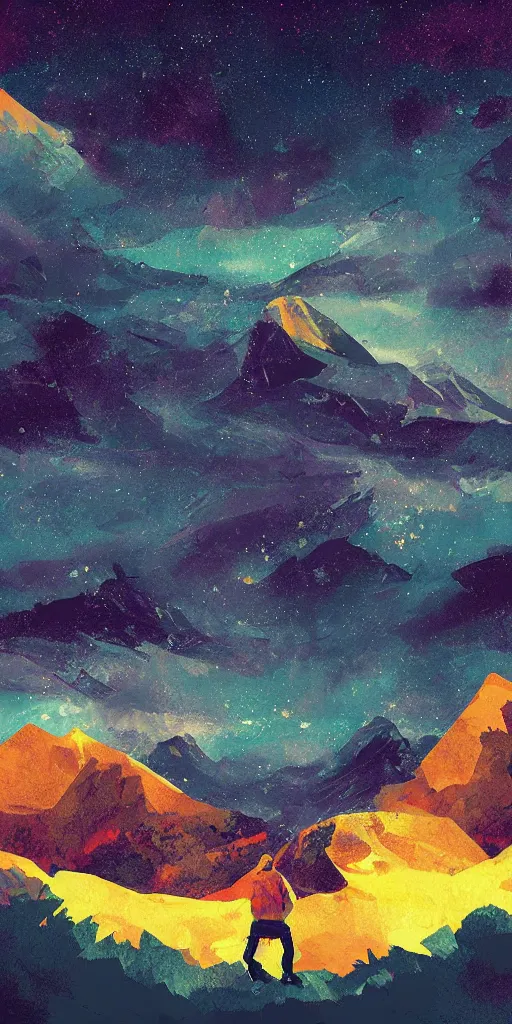 Prompt: walter white, mountain landscape, night sky, digital art, digital painting, celestial, majestic, playful, colorful