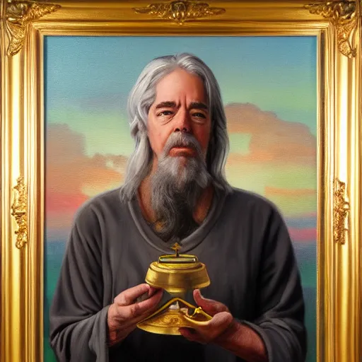 Prompt: Jay Powell as God, holding scales of balance in his hand, oil painting, masterpiece, 4k